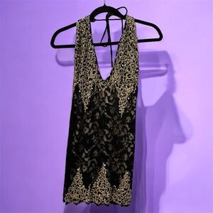 Gold & Black Holt Tie Jeweled Lace Mini Dress